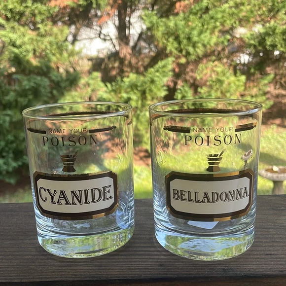 Vintage MCM Cera NAME YOUR POISON Cocktail / High Ball Glasses Whiskey Set 2 - Picture 1 of 6